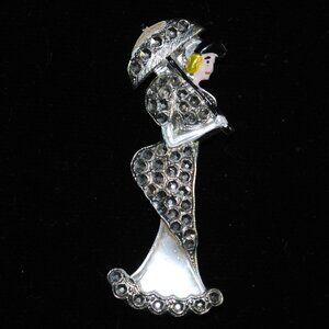 Vintage Strolling Victorian Lady with Parasol Figural Brooch with Enamel Paint